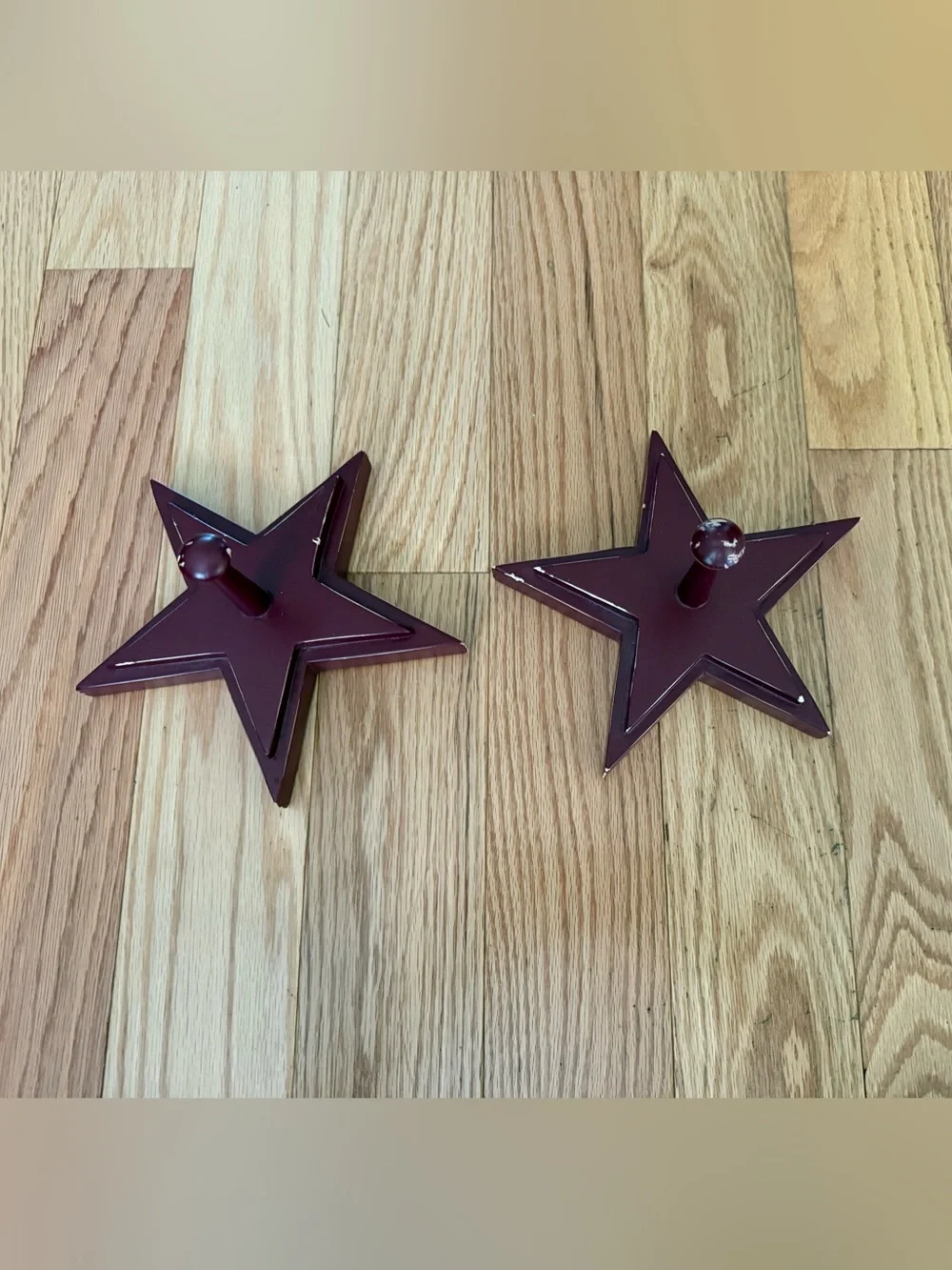 Pottery Barn distressed star shaped wall hooks maroon color 7”